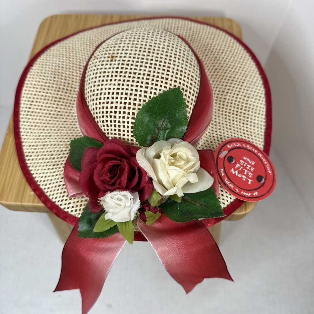 Vintage‎ Build A Bear Straw Hat With Red Trim And Roses READ